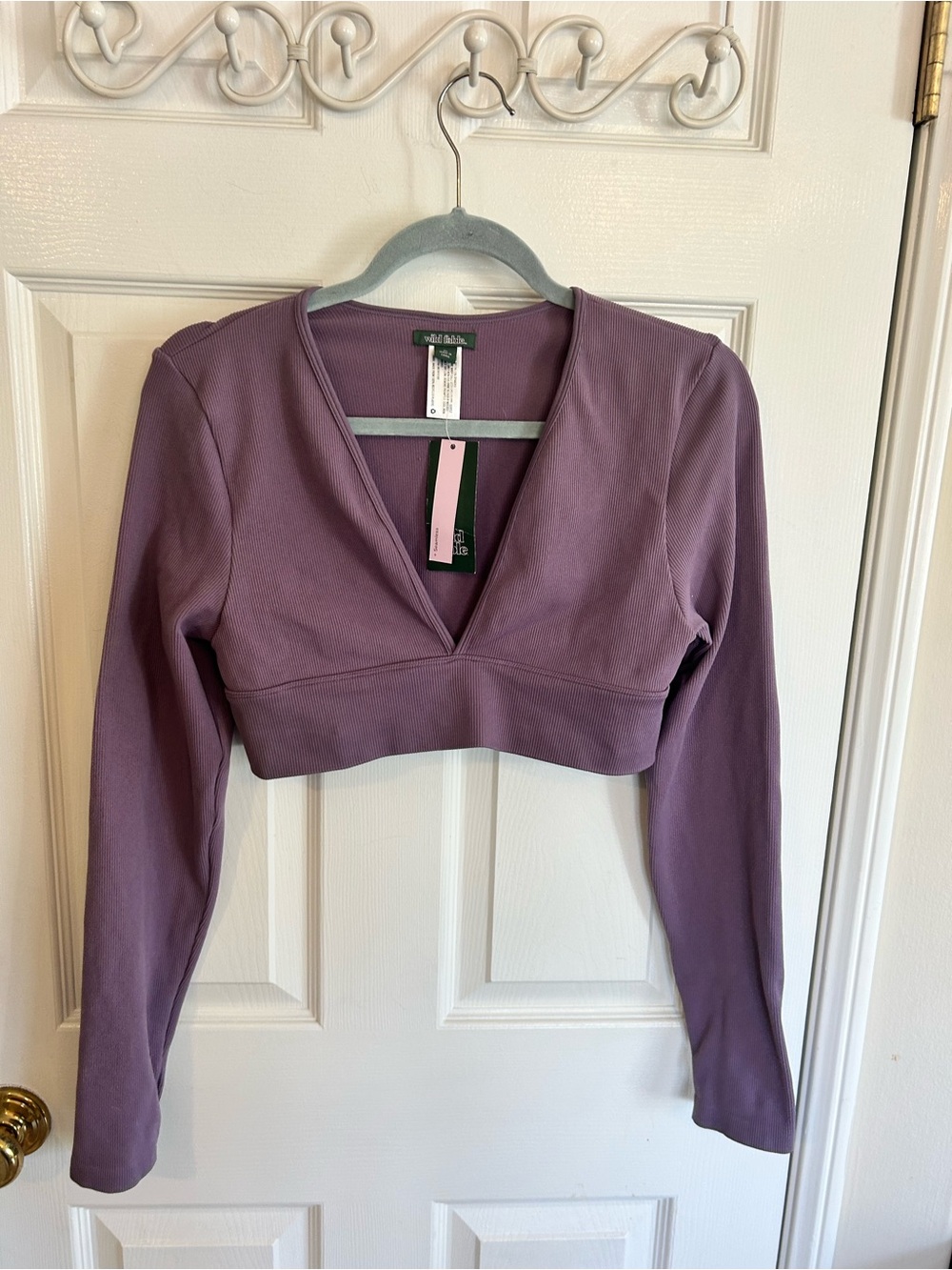 wild fable Lavender V-Neck Cropped Long-Sleeve Top